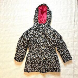 Hannah Andersson Girls Gray Leopard Print Puffer Coat with Hood - Size 4